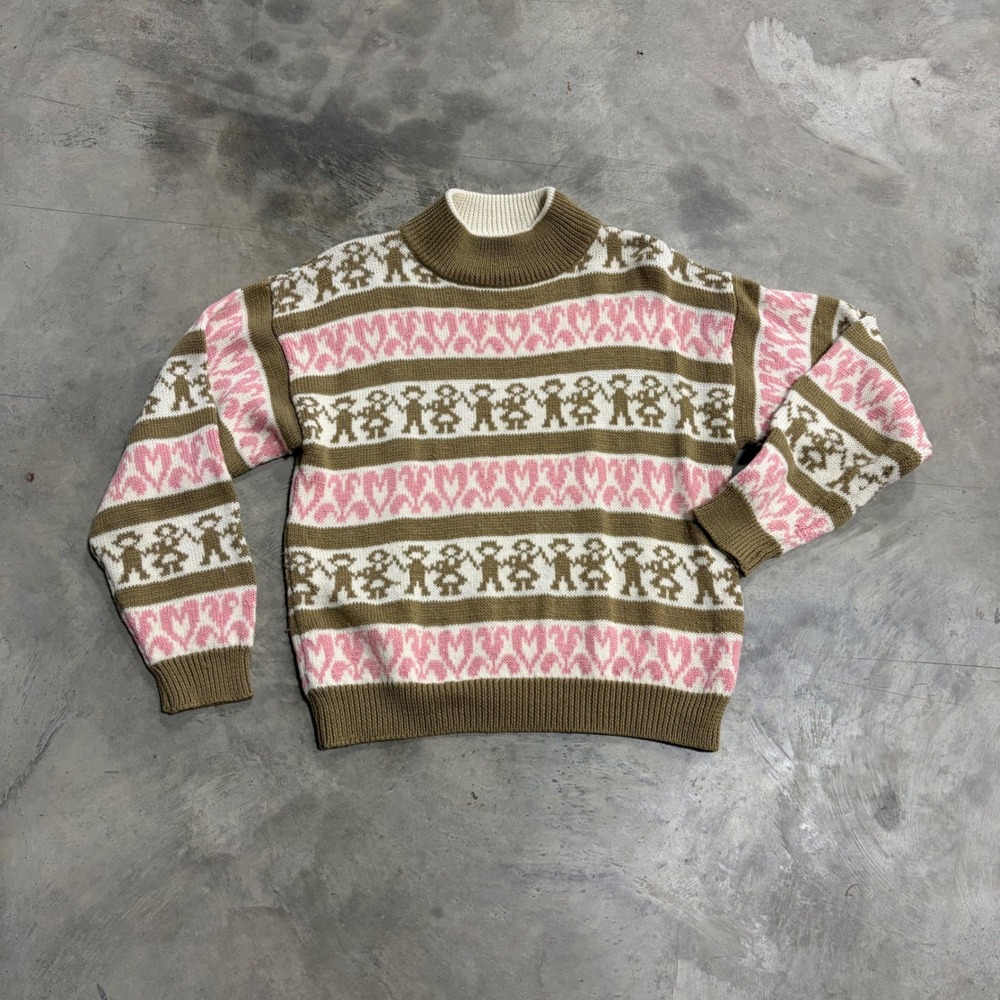 Vintage Dords Mock Neck Sweater Brown Pink Hearts People Knit Acrylic Wool M